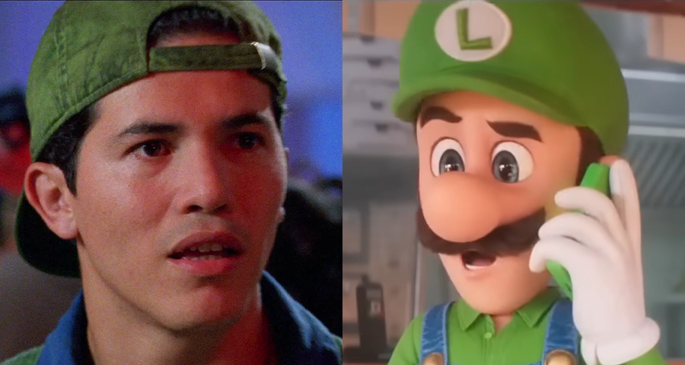 Luigi (John Leguizamo) looks to Mario (Bob Hoskins) for help in Super Mario Bros. (1993), Walt Disney Studios / Luigi (Charlie Day) answers a business call in The Super Mario Bros. Movie (2023), Illumination Entertainment
