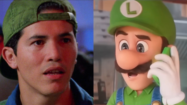 Luigi (John Leguizamo) looks to Mario (Bob Hoskins) for help in Super Mario Bros. (1993), Walt Disney Studios / Luigi (Charlie Day) answers a business call in The Super Mario Bros. Movie (2023), Illumination Entertainment