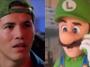 Luigi (John Leguizamo) looks to Mario (Bob Hoskins) for help in Super Mario Bros. (1993), Walt Disney Studios / Luigi (Charlie Day) answers a business call in The Super Mario Bros. Movie (2023), Illumination Entertainment