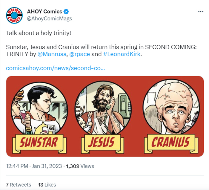 Tweet from @AhoyComicMags with text and artwork that mocks Jesus Christ and Christianity.