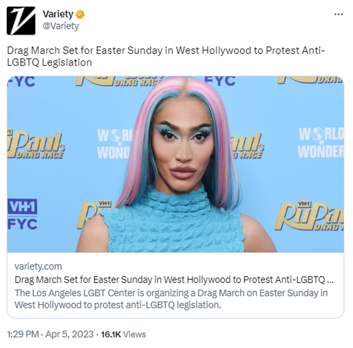 Tweet from Variety promoting an Easter Sunday drag march.
