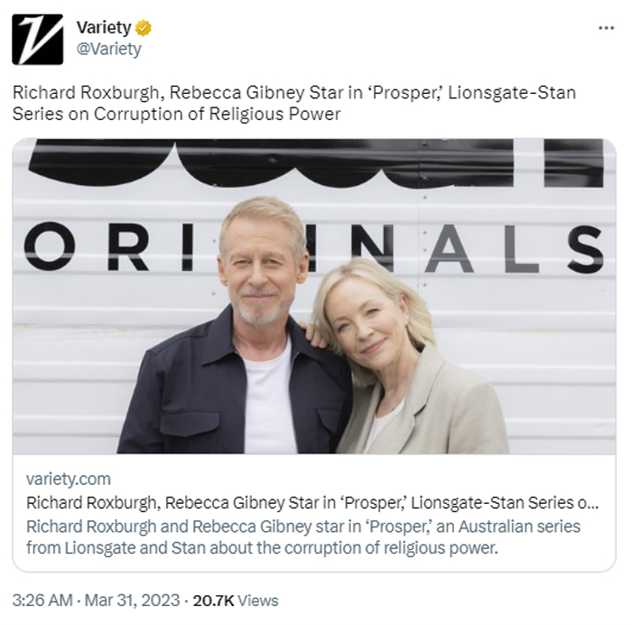 Tweet from Variety promoting start of production on 'Prosper.'