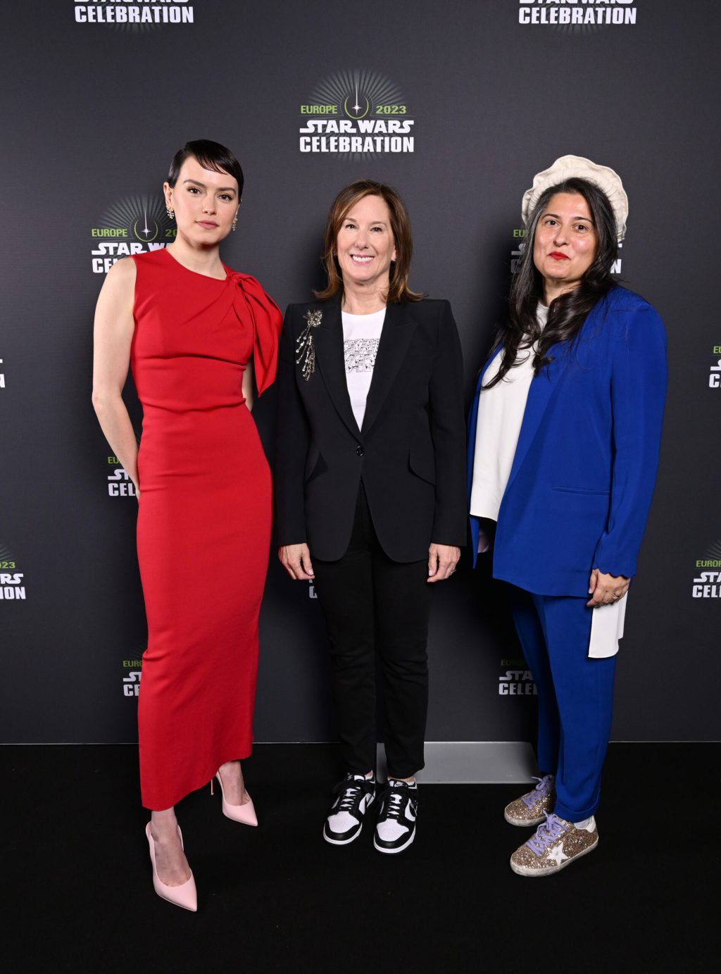 LONDON, ENGLAND - APRIL 07: (L-R) Daisy Ridley, Kathleen Kennedy and Sharmeen Obaid-Chinoy attend the studio panel at Star Wars Celebration 2023 attends the studio panel at Star Wars Celebration 2023 in London at ExCel on April 07, 2023 in London, England. (Photo by Jeff Spicer/Jeff Spicer/Getty Images for Disney)