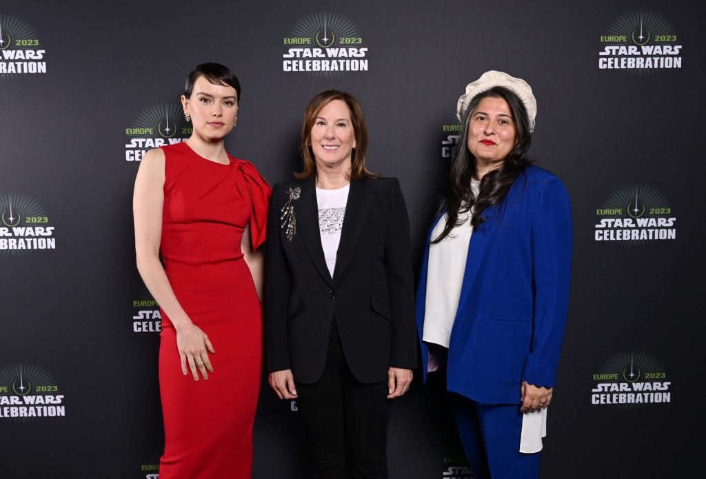 LONDON, ENGLAND - APRIL 07: (L-R) Daisy Ridley, Kathleen Kennedy and Sharmeen Obaid-Chinoy attend the studio panel at Star Wars Celebration 2023 attends the studio panel at Star Wars Celebration 2023 in London at ExCel on April 07, 2023 in London, England. (Photo by Jeff Spicer/Jeff Spicer/Getty Images for Disney)