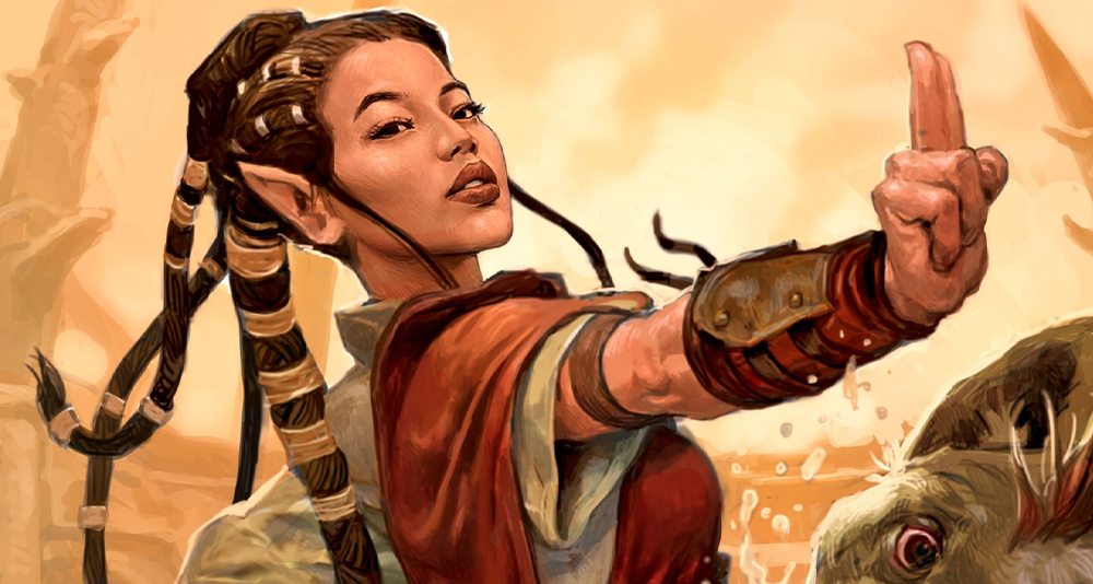 A Half-Elf monk strikes on Card #19, Adventures in the Forgotten Realms (2021), Wizards of the Coast. Art by Zoltan Boros.