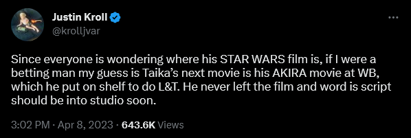 Justin Kroll provides an update on Taika Waititi's live-action Akira film.
