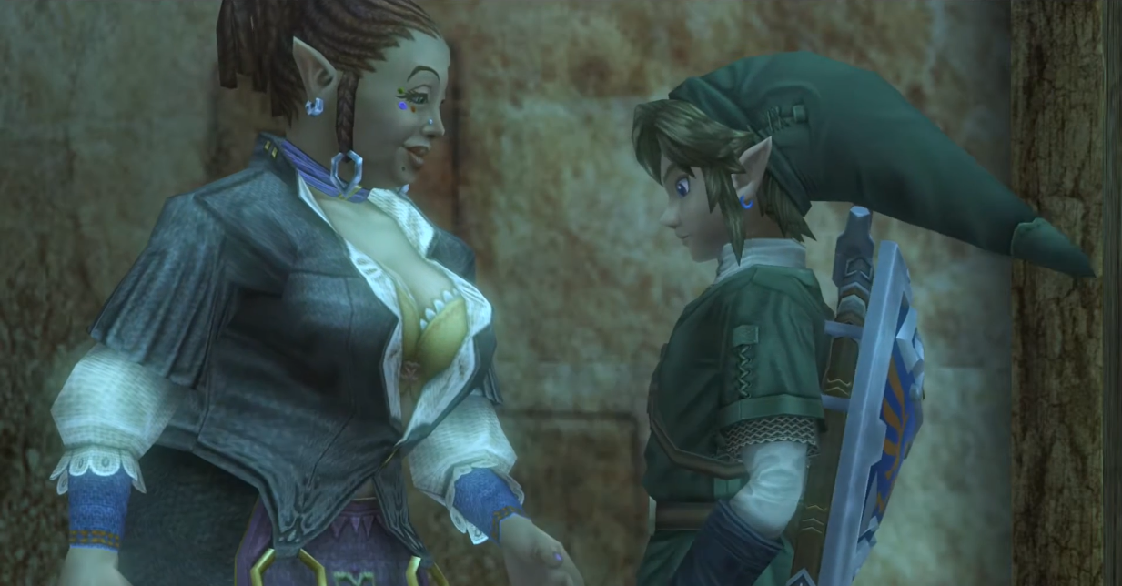Link appears to glance at Telma's chest before shaking her hand via The Legend of Zelda: Twilight Princess HD (2016), Nintendo