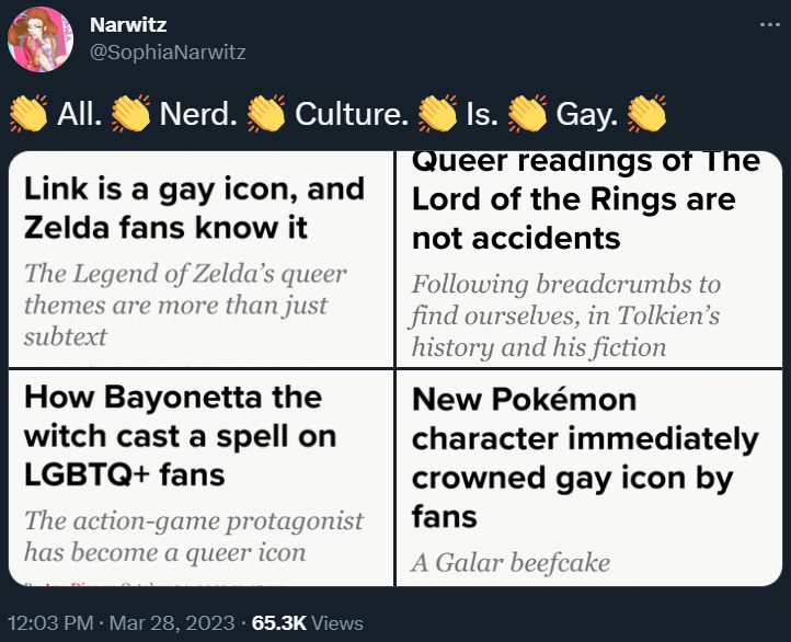 Sophia Narwitz mocks Polygon attempting to claim multiple characters from video games and nerd culture are gay via Twitter