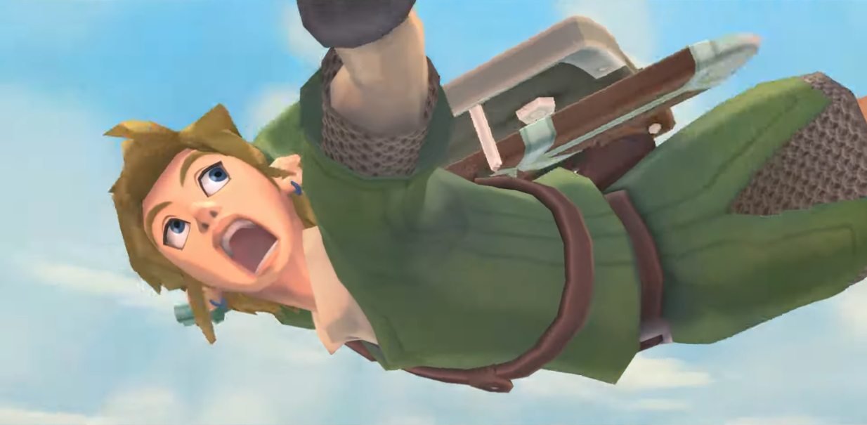 Link screams in shock as he falls through the sky, as he notices Groose barreling towards him via The Legend of Zelda: Skyward Sword HD (2021), Nintendo