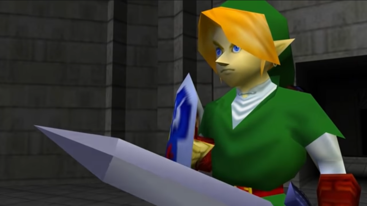 Link stands ready in the Temple of Time via The Legend of Zelda: Ocarina of Time (1998), Nintendo