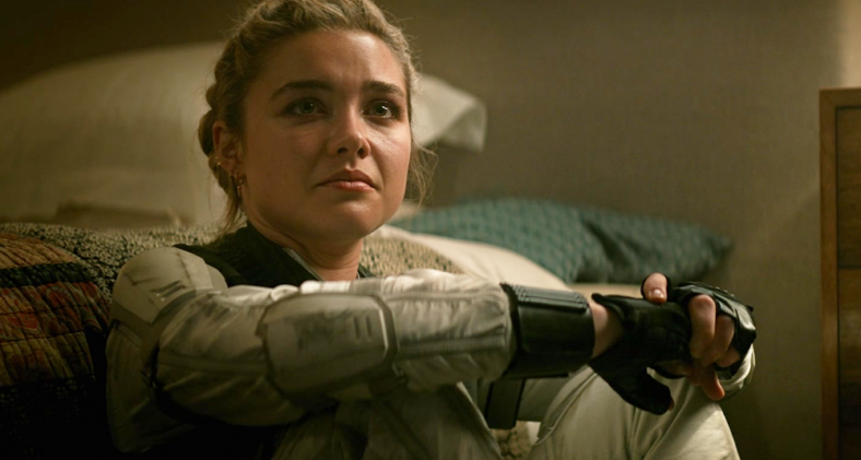 Yelena Bolova (Florence Pugh) has a heart-to-heart with Red Guardian (David Harbour) in Black Widow (2021), Marvel Entertainment