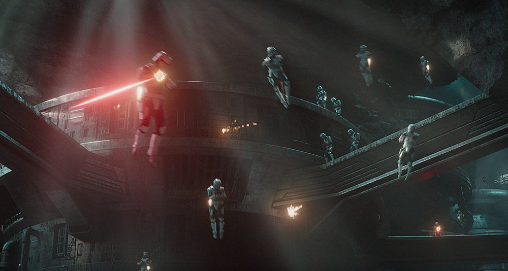 Beskar Stormtroopers attack the Mandalorians at the Great Forge in 'The Mandalorian' (2023), Disney+