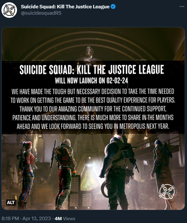 The official Suicide Squad: Kill the Justice League Twitter account announces the game is delayed via Twitter