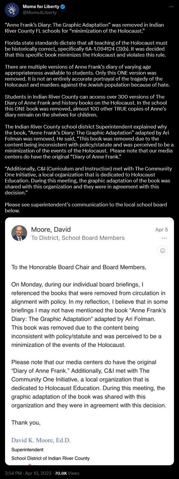 Moms for Liberty explain why 'Anne Frank's Diary: The Graphic Adaptation was removed from Indian River County, FL schools
