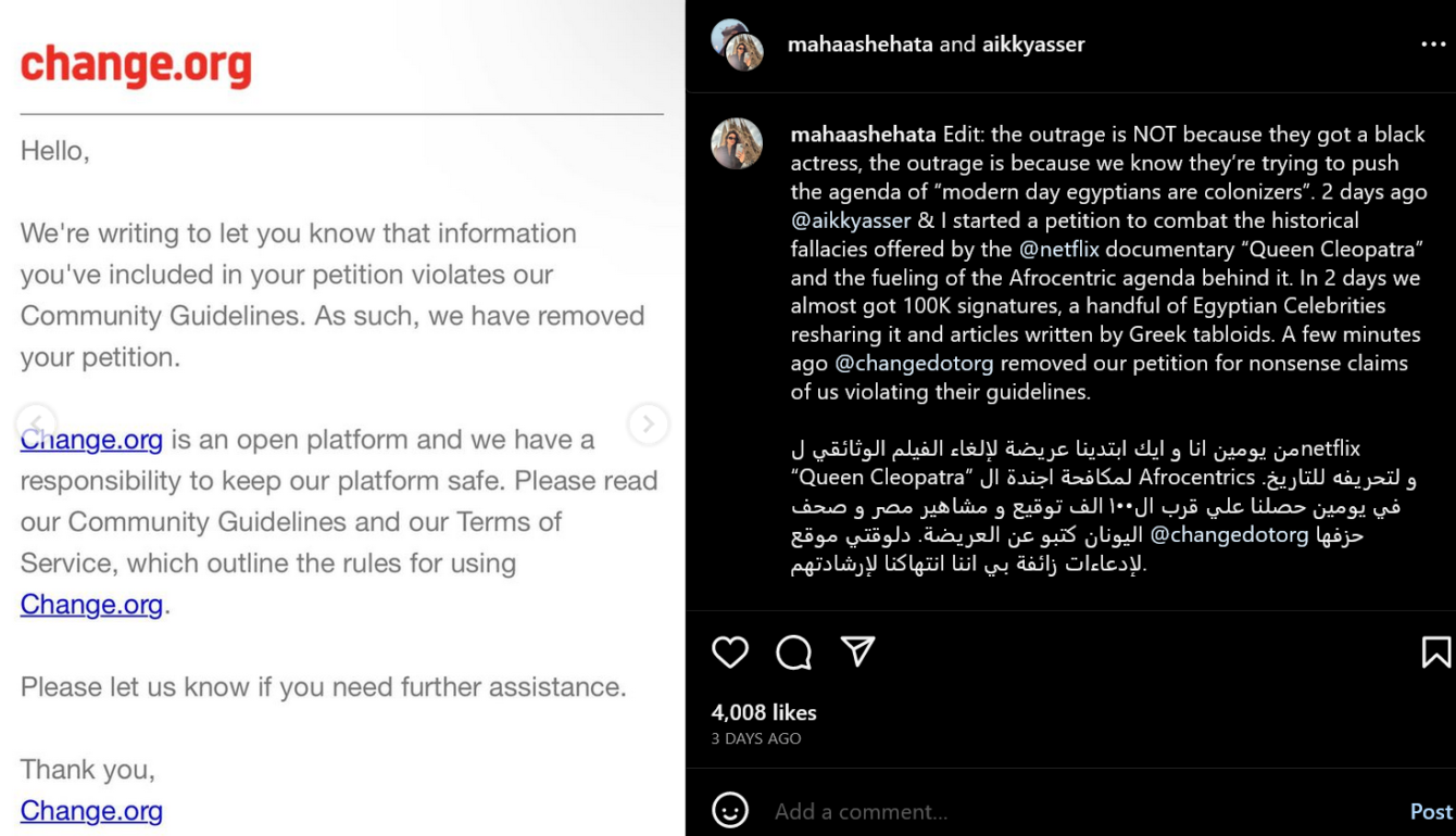 Maha Shehata se manifesta contra a remoção de sua petição pela Change.Org via Instagram
