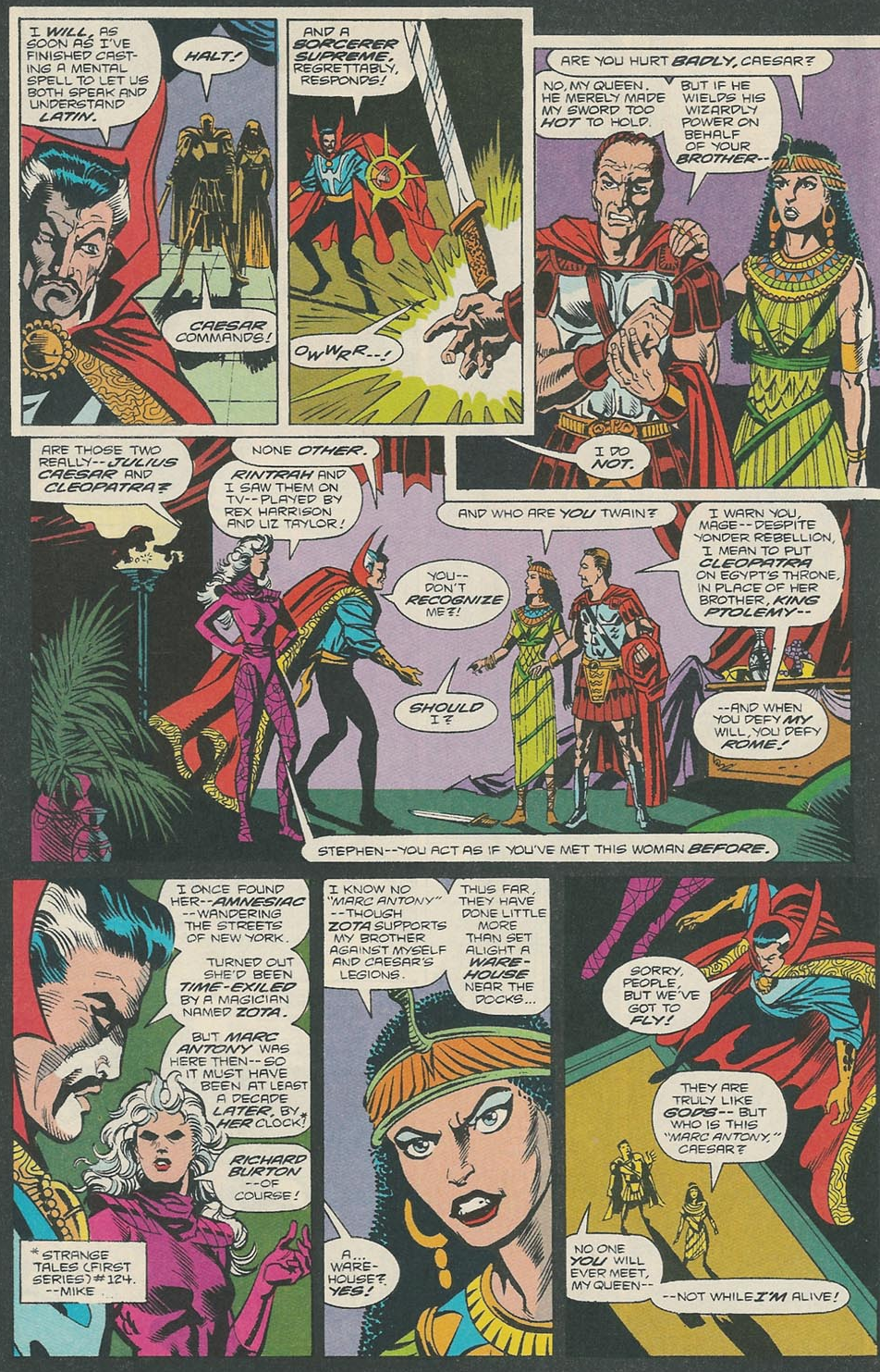Doctor Strange and Clea, in their astral forms, accidentally stumble upon Cleopatra and Julius Caesar in Doctor Strange, Sorcerer Supreme Vol. 1 #33 "The Alexandria Quantrain" (1991), Marvel Comics. Words by Roy Thomas and Dann Thomas, art by Chris Marrinan, Mark McKenna, George Roussos, and Pat Brosseau.