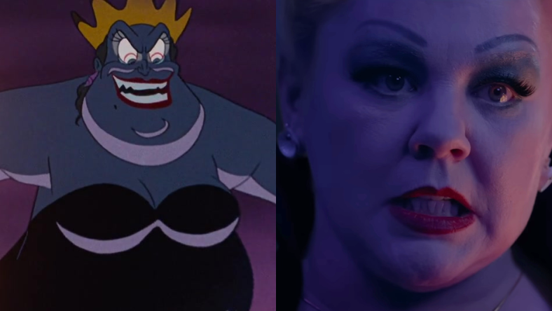 Ursula (Pat Carroll) rises in The Little Mermaid (1989), Walt Disney Studios / Ursula (Melissa McCarthy) confronts Ariel (Halle Bailey) in The Little Mermaid (2023), Walt Disney Studios