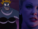 Ursula (Pat Carroll) rises in The Little Mermaid (1989), Walt Disney Studios / Ursula (Melissa McCarthy) confronts Ariel (Halle Bailey) in The Little Mermaid (2023), Walt Disney Studios