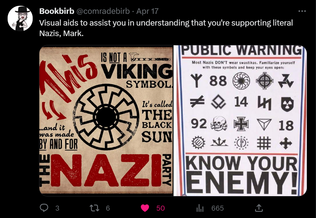 Twitter user @comradebirb educates Mark Hamill on Nazi imagery used by Ukrainian soldiers