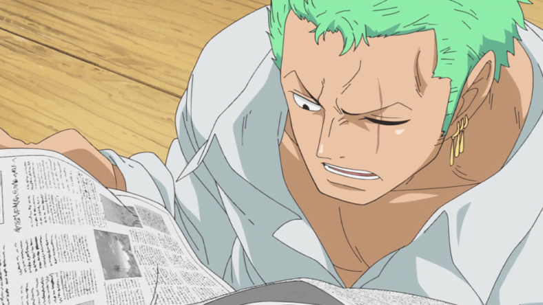 Roronoa Zoro (Kazuya Nakai) receives some shocking news in One Piece Episode 746 "The Numerous Rivals Struggle Amongst Themselves - The Raging Monsters of the New World" (2016), Toei Co. Ltd.