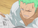 Roronoa Zoro (Kazuya Nakai) receives some shocking news in One Piece Episode 746 "The Numerous Rivals Struggle Amongst Themselves - The Raging Monsters of the New World" (2016), Toei Co. Ltd.