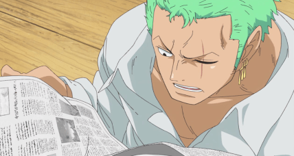 Roronoa Zoro (Kazuya Nakai) receives some shocking news in One Piece Episode 746 "The Numerous Rivals Struggle Amongst Themselves - The Raging Monsters of the New World" (2016), Toei Co. Ltd.