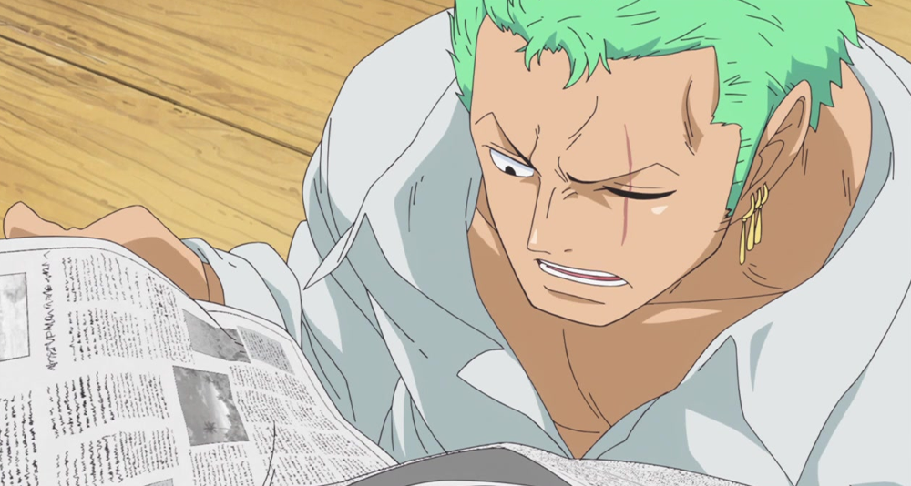 Roronoa Zoro (Kazuya Nakai) receives some shocking news in One Piece Episode 746 "The Numerous Rivals Struggle Amongst Themselves - The Raging Monsters of the New World" (2016), Toei Co. Ltd.