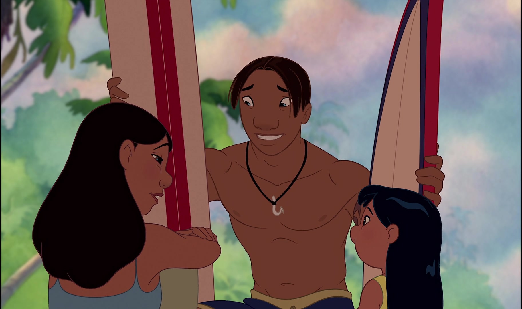 David Kawena (Jason Scott Lee) attempts to convince Nani (Tia Carrere) and Lilol (Daveigh Chase) to catch some waves in Lilo & Stitch (2002), Walt Disney Studios