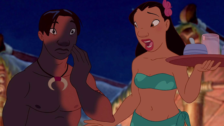 David Kawena (Jason Scott Lee) realizes he's covered in black soot in Lilo & Stitch (2002), Walt Disney Studios