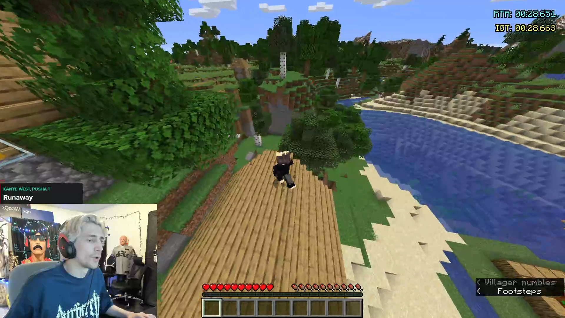 xQc plays Minecraft, walking on the roof of a house by a river between hills via via xQc Twitch