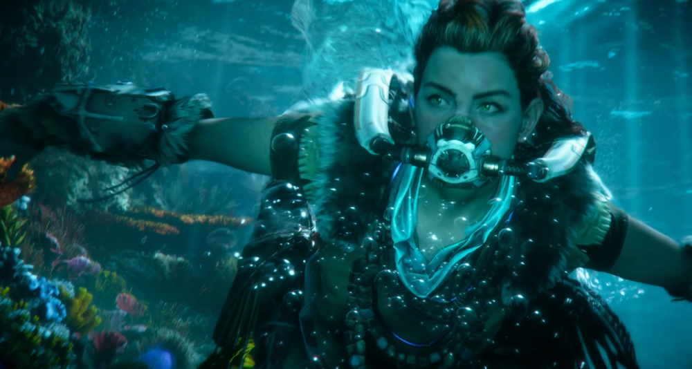 Aloy swims underwater while wearing a rebreather via Horizon Forbidden West - Announcement Trailer | PS5, PlayStation YouTube