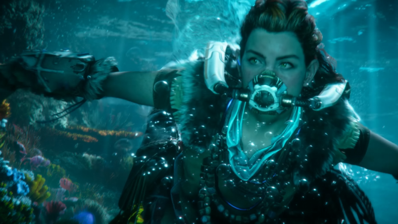 Aloy swims underwater while wearing a rebreather via Horizon Forbidden West - Announcement Trailer | PS5, PlayStation YouTube