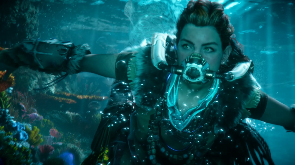Aloy swims underwater while wearing a rebreather via Horizon Forbidden West - Announcement Trailer | PS5, PlayStation YouTube
