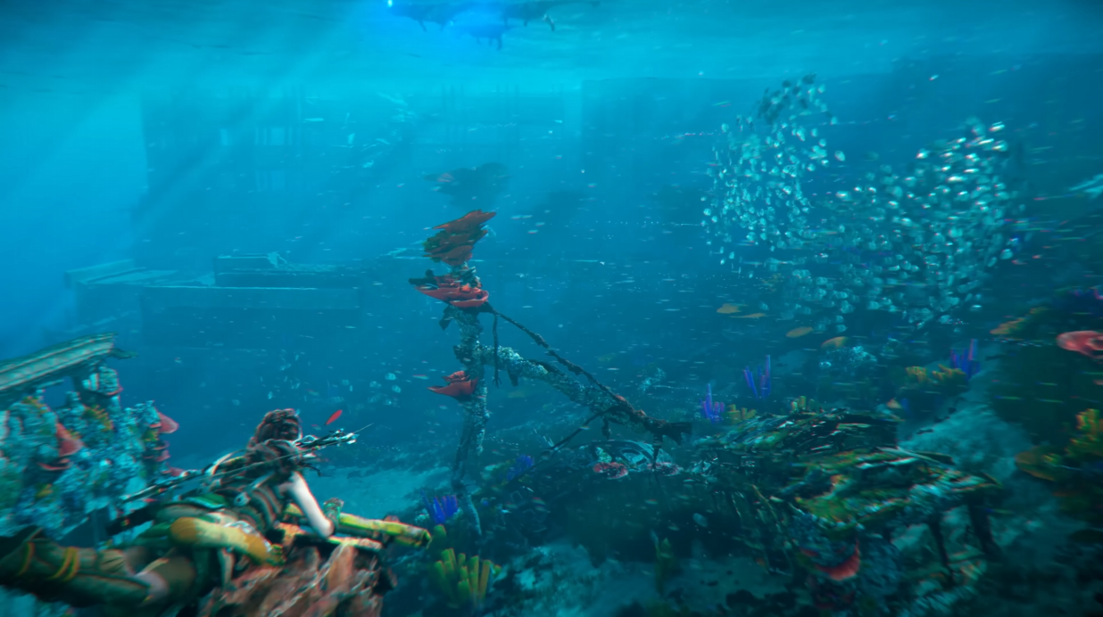 Aloy looks out over a sunken ship and submerged ruins of a building via Horizon Forbidden West (2022), Sony Interactive Entertainment