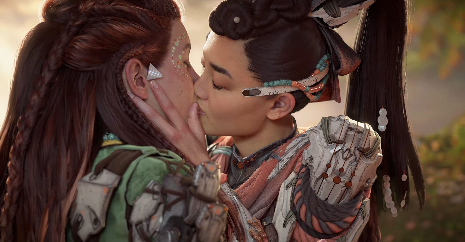 Seyka (Kylie Liya Page) kisses Aloy (Ashly Burch) in Horizon Forbidden West: Burning Shores (2023), Guerilla Games