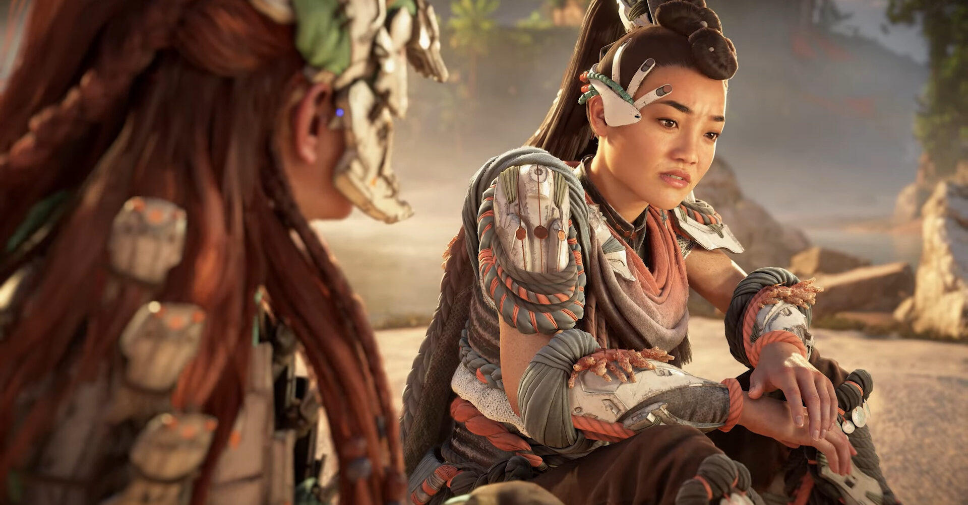 Seyka (Kylie Liya Page) explains her plight to Aloy (Ashly Burch) in Horizon Forbidden West: Burning Shores (2023), Guerilla Games