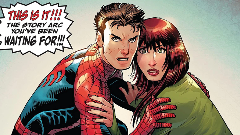 Peter Parker and Mary-Jane Watson cower in defense on John Romita Jr.'s cover to Amazing Spider-Man Vol. 6 #21 (2023), Marvel Comics