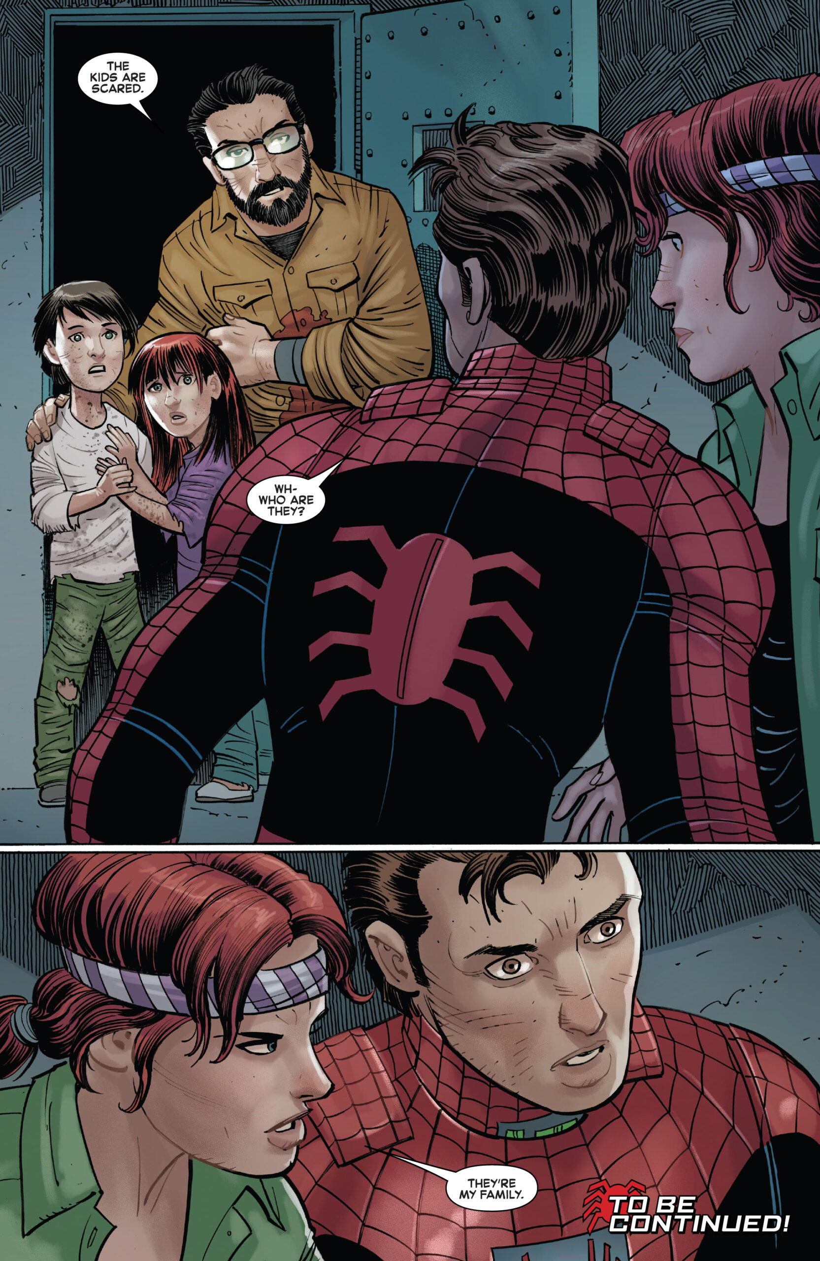 Mary-Jane Watson introduces Peter Parker to her new 'family' in Amazing Spider-Man Vol. 6 #24 (2023), Marvel Comics. Words by Zeb Wells, art by John Romita Jr., Scott Hana, Marcio Menyz, and Joe Caramagna.