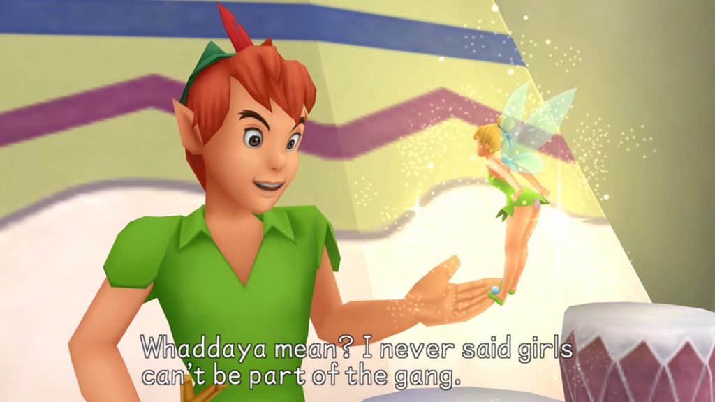Peter Pan (Christopher Steele) makes up a new rule about The Lost Boys in order to calm Tinkerbell down in Kingdom Hearts Birth by Sleep (2009), Square Enix