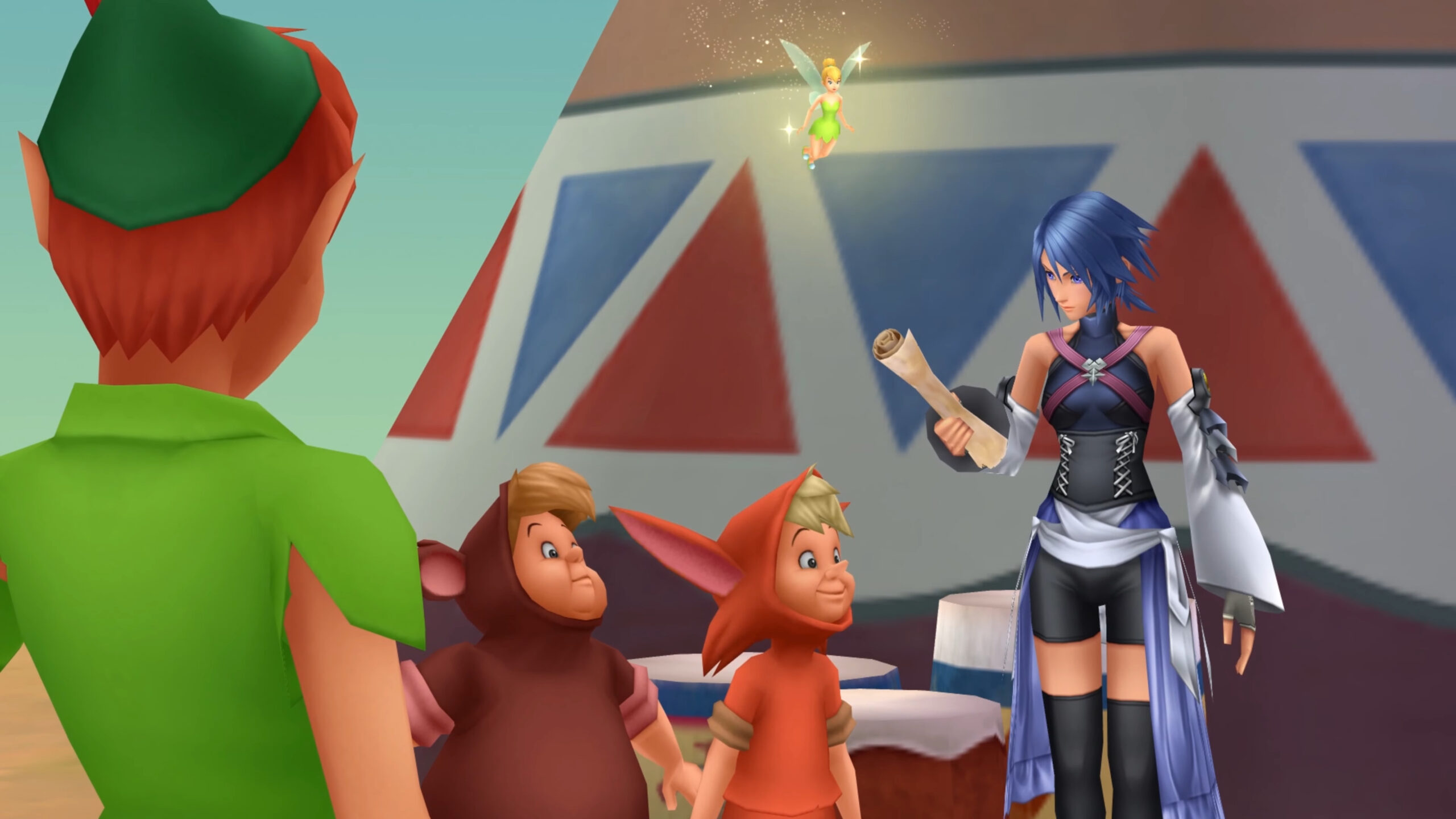 Peter Pan (Christopher Steele) invites Aqua (Willa Holland) to lead The Lost Boys' next expedition in Kingdom Hearts Birth by Sleep (2009), Square Enix