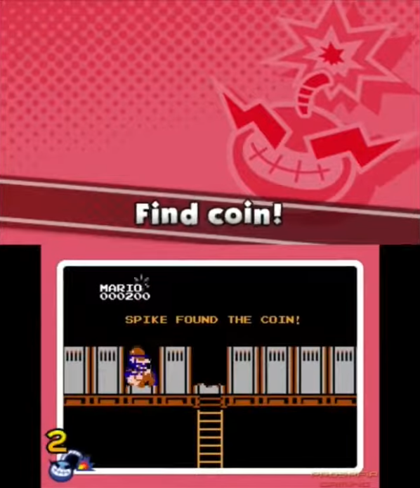 Foreman Spike appears to grab the coin instead of Mario in the Find coin! microgame via WarioWare Gold (2018), Nintendo