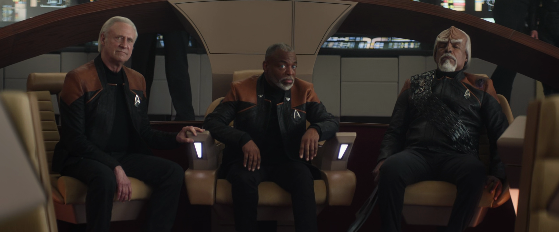 Data (Brent Spiner), Geordi La Forge (LeVar Burton), and Worf (Michael Dorn) take a moment of respite in Star Trek: Picard Season 3 Episode 10 "Et in Arcadia Ego: Part 2" (2023), Paramount