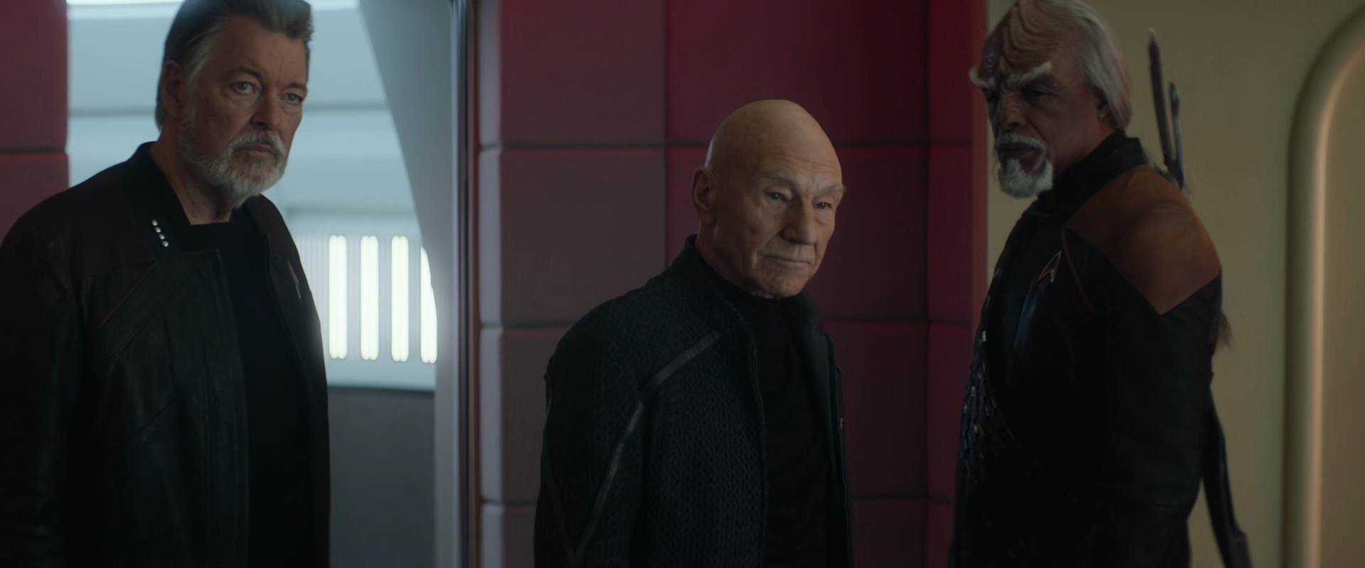 Riker (Jonathan Frakes), Picard (Patrick Stewart) and Worf (Michael Dorn) set out to infiltrate Daystrom Station in The Enterprise successfully makes its way to the heart of the Borg Cube in Star Trek: Picard Season 3 Episode 10 "Et in Arcadia Ego: Part 2" (2023), Paramount