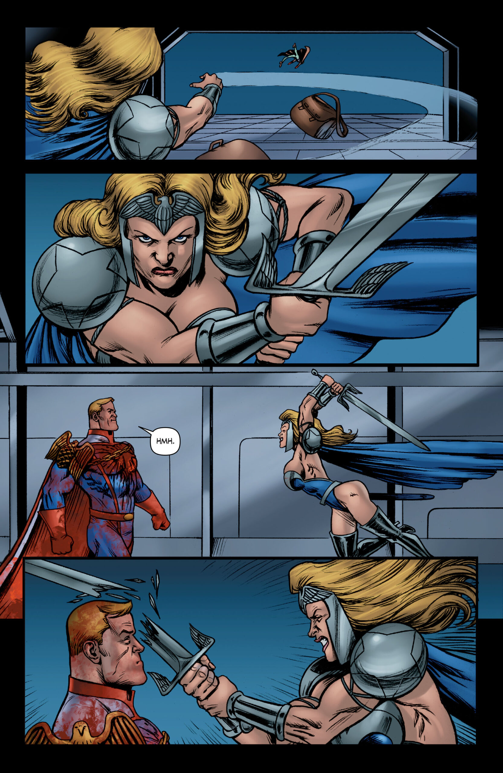 Queen Maeve makes one last stand against Homelander in The Boys Vol. 1 #63 "Over The Hill With The Swords Of A Thousand Men: Part Four" (2012), Dynamite Comics. Words by Garth Ennis, at by Russell Braun, Darick Robertson, Tony Aviña, and Simon Bowland.