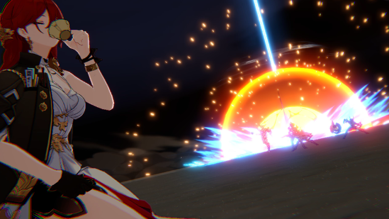 Himeko sips tea while her enemies are blasted by a space-laser via Honkai: Star Rail (2023), HoYoverse