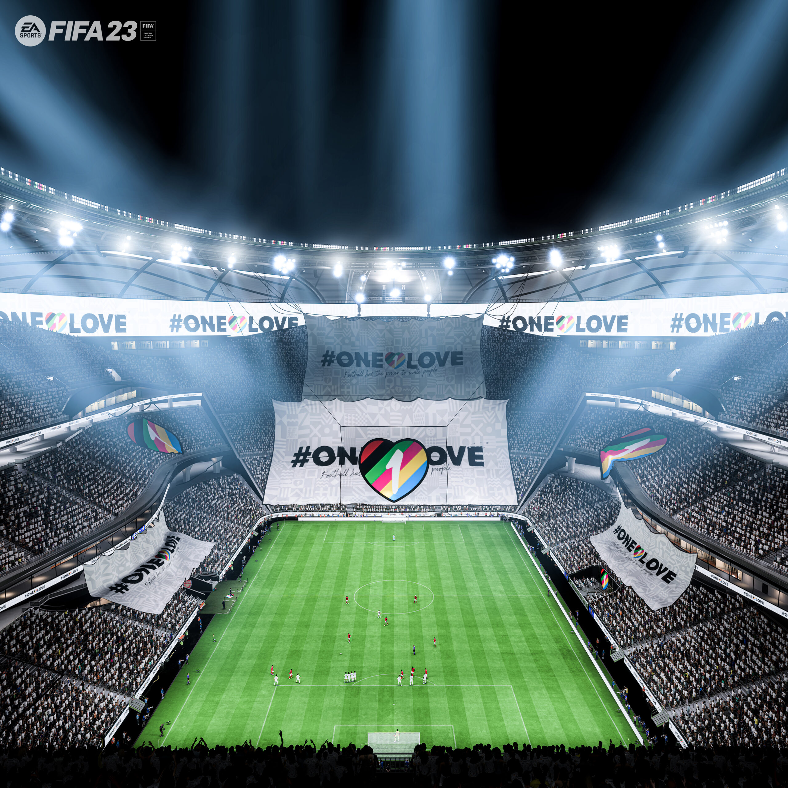 A stadium decorated with Dutch KNVB and Eredivisie leagues' "One Love" campaign banners via FIFA 23 (2022), EA Sports