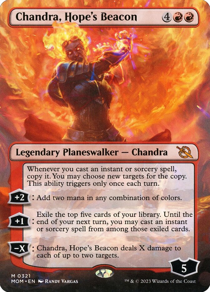 Chandra, Hope's Beacon via Card #321, Magic: The Gathering - March of the Machines (2023), Wizards of the Coast. Art by Randy Vargas.
