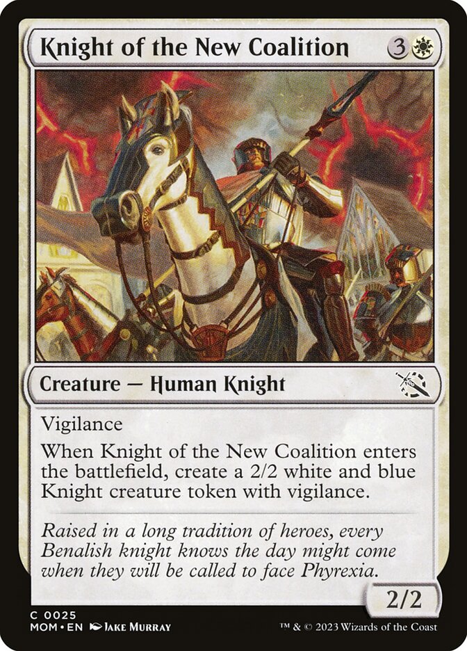 Knight of the New Coalition via Card #25, Magic: The Gathering - March of the Machines (2023), Wizards of the Coast. Art by Jake Murray.