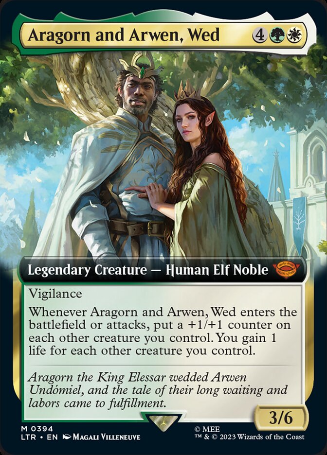 Aragorn gets race-swapped via Card #394, Magic: The Gathering - The Lord of the Rings: Tales of Middle-earth Set (2023), Wizards of the Coast, Art by Magali Villeneuve.