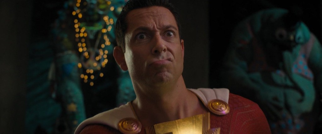 Mary Marvel (Grace Caroline Currey) reminds Shazam (Zachary Levi) that he broke the Wizard's staff in Shazam! Fury of the Gods (2023), Warner Bros. Pictures